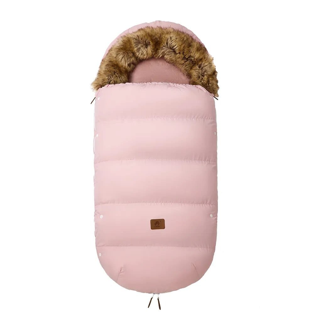 Pink winter stroller footmuff with fur hood, a cosy pram bag for baby girls on cold-weather trips and park visits.