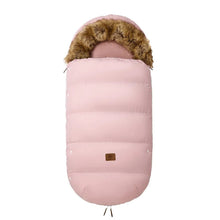 Pink winter stroller footmuff with fur hood, a cosy pram bag for baby girls on cold-weather trips and park visits.