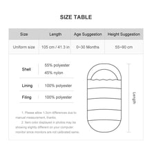 Size chart for the winter stroller footmuff covering 0 to 3T, helping parents match the cover to their child height.