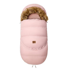 Pink winter stroller sleeping bag forming a warm cocoon for newborns and infants during cold-season outings.