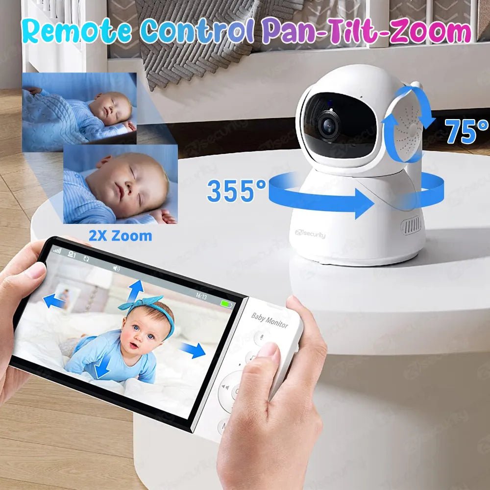 Baby monitor with remote control showing a baby and features like pan, tilt, and zoom.