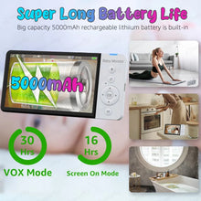 Baby monitor with 5000mAh battery life display, shown in various settings.
