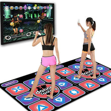 Two women playing a dance game on the large wireless dance mat, showing use beyond kids play.
