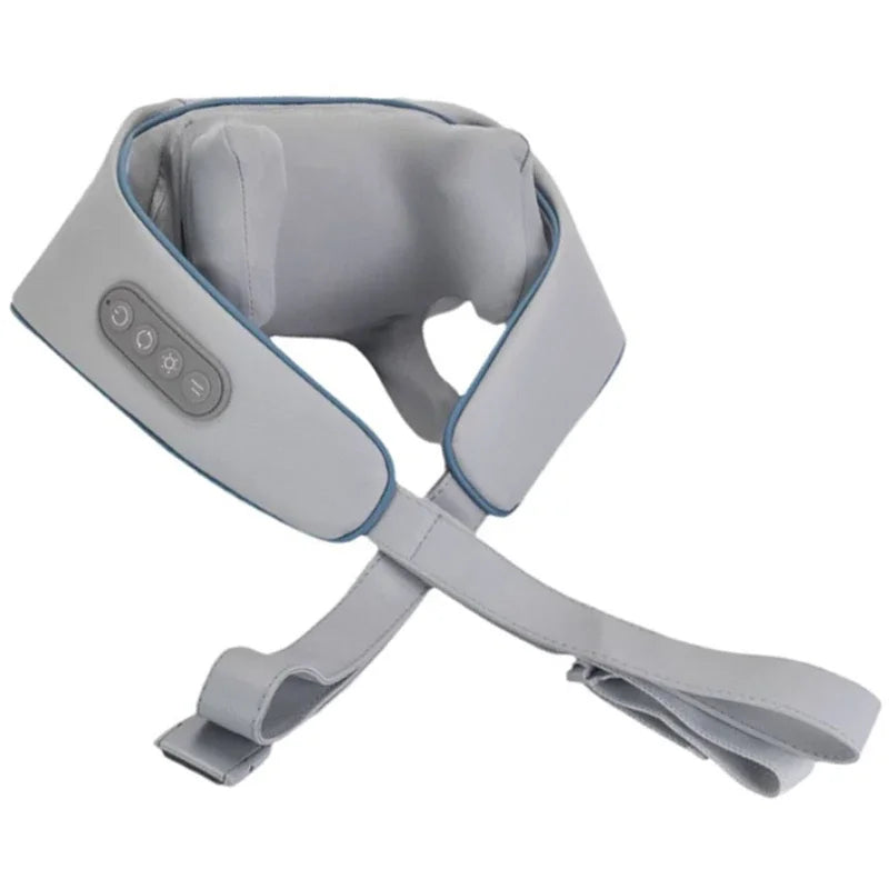 Control panel close-up on the wireless neck massager, showing settings for daily muscle relief.
