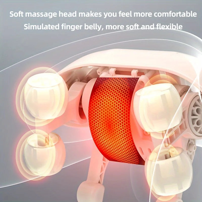 Soft massage head on the wireless neck and shoulder massager simulating finger-belly kneading for deep relief.
