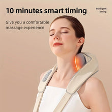 Wireless neck and shoulder massager with smart timing shown in use for a relaxing massage session.
