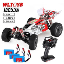 WLTOYS 144001 high-speed RC crawler car shown with rechargeable batteries for long play sessions.