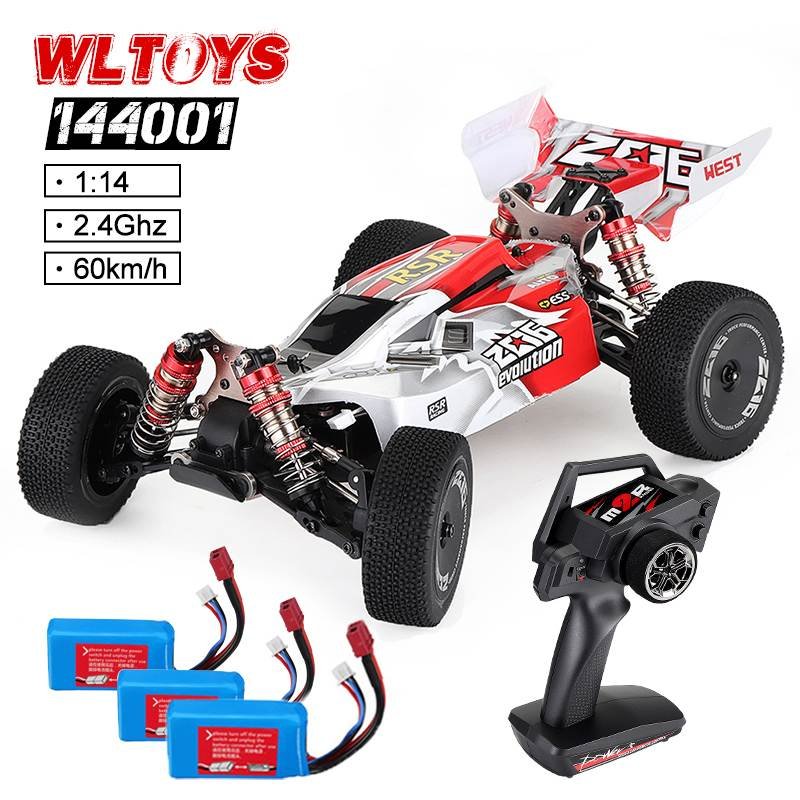 WLTOYS 144001 high-speed RC crawler car shown with rechargeable batteries for long play sessions.