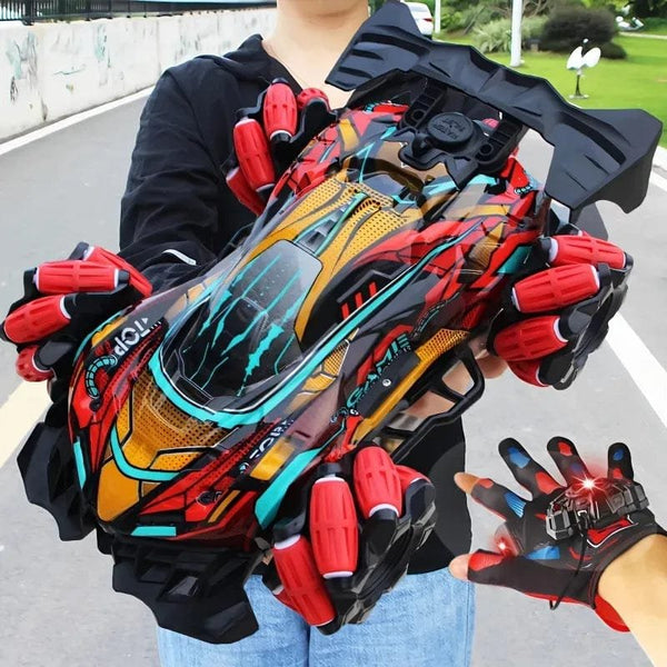 WLtoys F1 drift RC car with gesture control glove used outdoors, a remote toy car for kids racing on pavements.