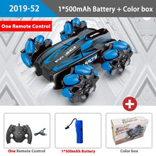 Blue variant of the WLtoys stunt RC car with remote and battery packaging, a drift toy car gift for young racers.