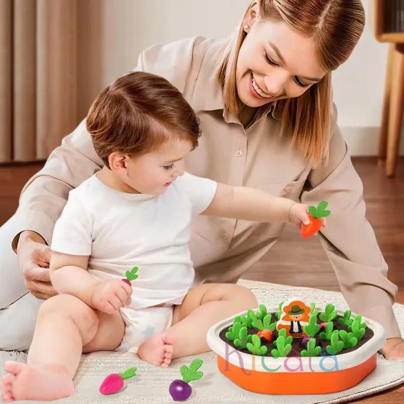 Woman and child playing with the Montessori Colorful Shape Carrot toy garden set on the floor.