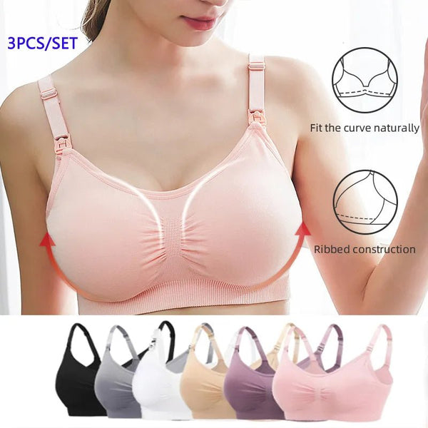 3pc Maternity Nursing Bra Set, Pink soft stretch design, for postpartum nursing and breastfeeding support.