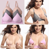 Collage of a woman wearing different types of bras with a plain background.