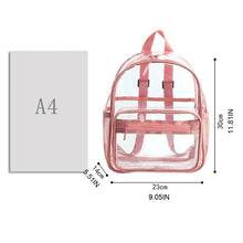 Dimensions chart for the women clear PVC backpack, helping shoppers check capacity for books, laptops, and gear.