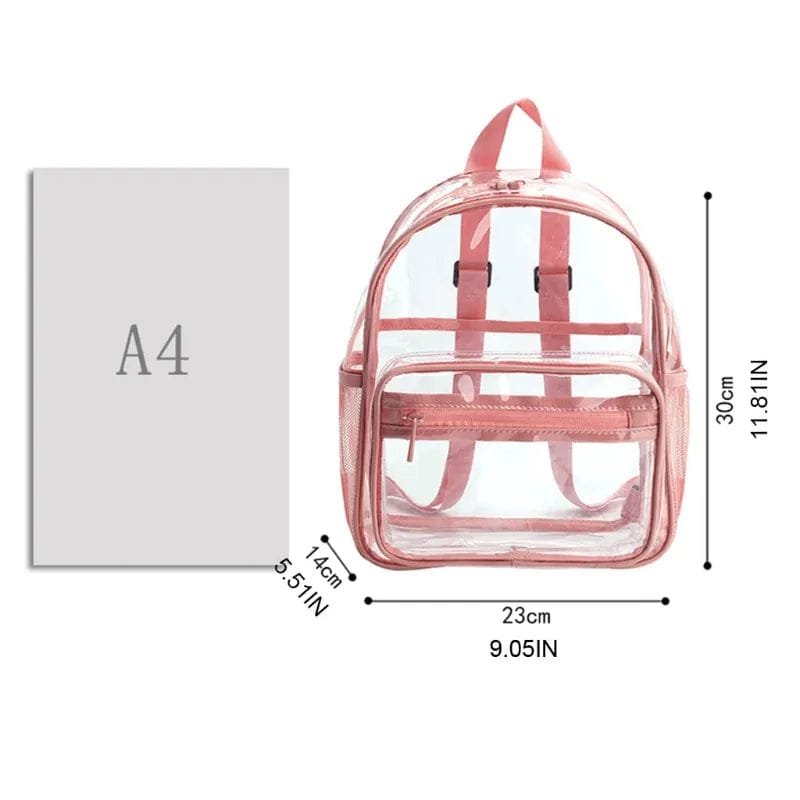 Dimensions chart for the women clear PVC backpack, helping shoppers check capacity for books, laptops, and gear.