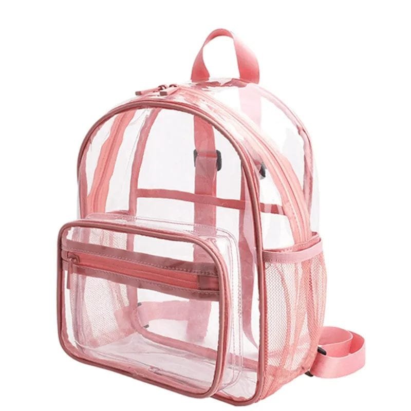 Front view of the large clear PVC backpack in pink, a waterproof transparent bag for events with clear-bag policies.