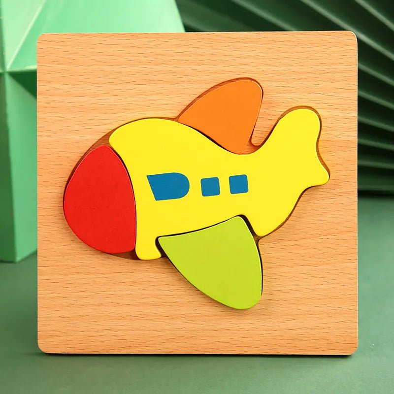 Wooden airplane shape puzzle for toddlers learning transport names through hands-on assembly.