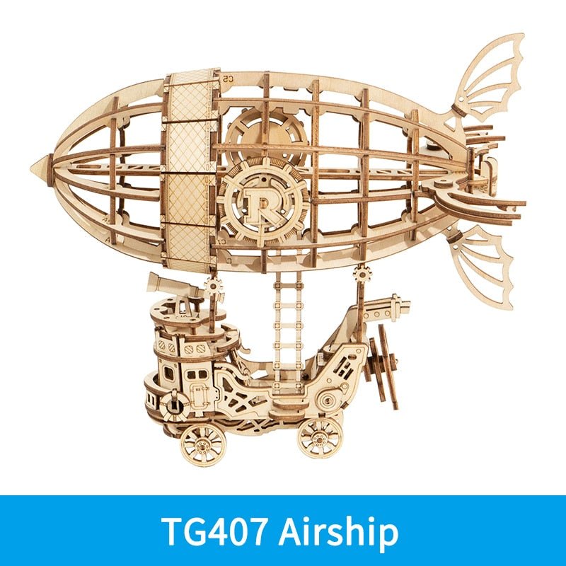 Assembled wooden airship gear model from the 3D puzzle DIY kit for imaginative display in a bedroom or study.