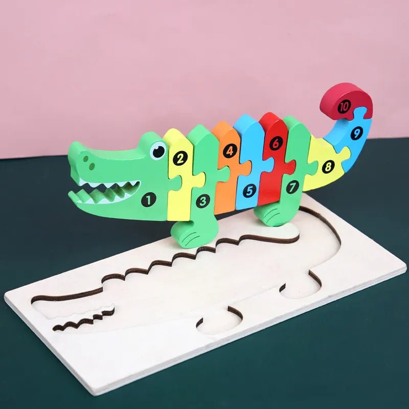 Wooden alligator shape puzzle for toddlers learning animal names and slotting pieces into place.
