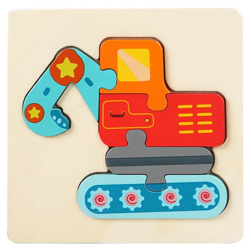 Wooden puzzle shaped like an excavator.