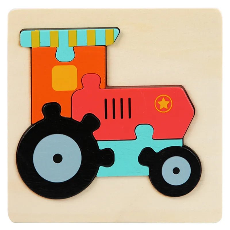Wooden puzzle shaped like a red tractor.