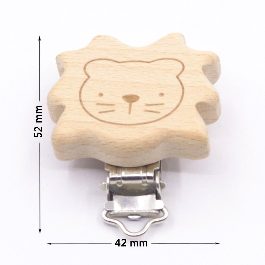 Wooden animal shaped pacifier clip variant, a smooth teether holder for soothing infants throughout the day.