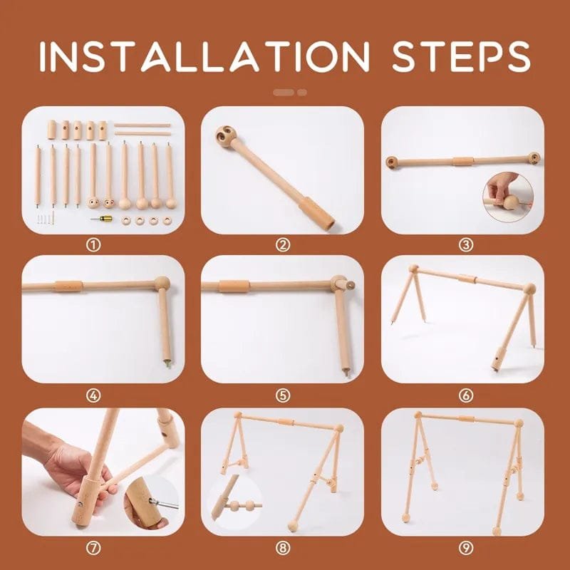 Wooden baby activity gym assembly guide for quick nursery setup and easy storage between play sessions.