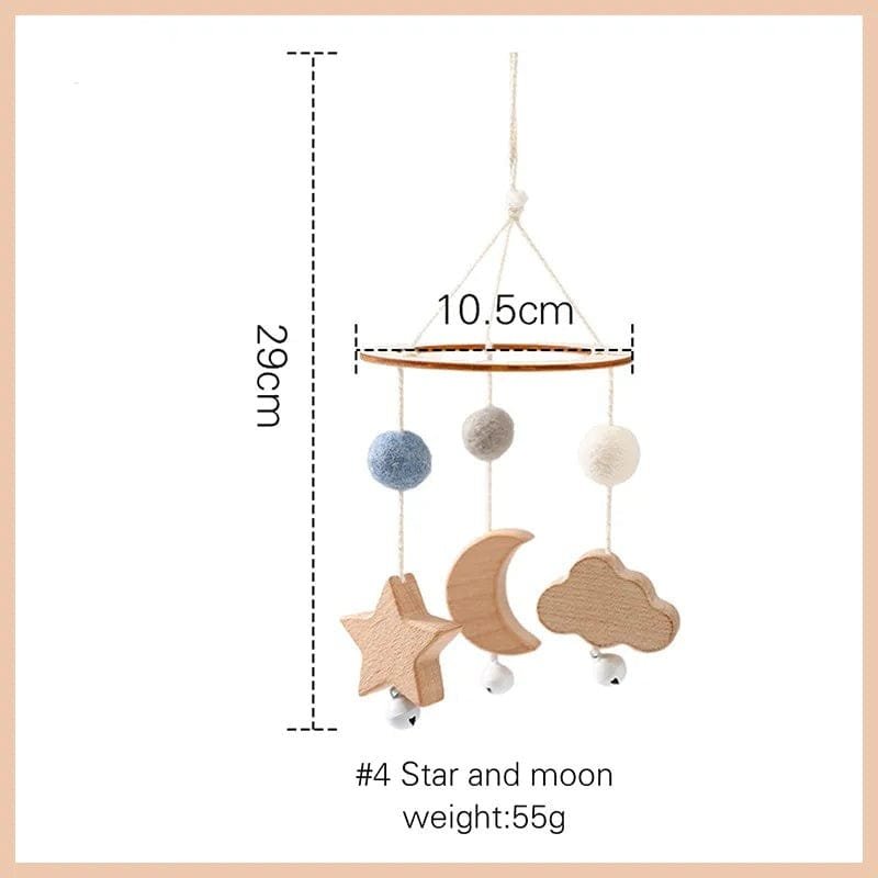 Wooden baby mobile with stars, moon, and wood balls shown with sizes, a calming hanging toy for nursery cots.