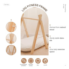 Wooden baby play gym frame with hanging teether toys for nursery floor play and early grasping practice.