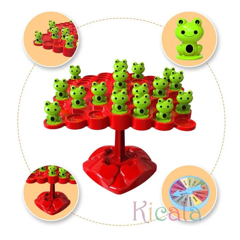 Balancing frog tree puzzle toy with frog pieces and stands for fine motor control and counting practice.