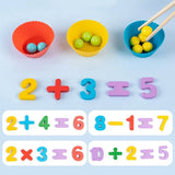 Colorful math equations and numbers with bowls of balls 