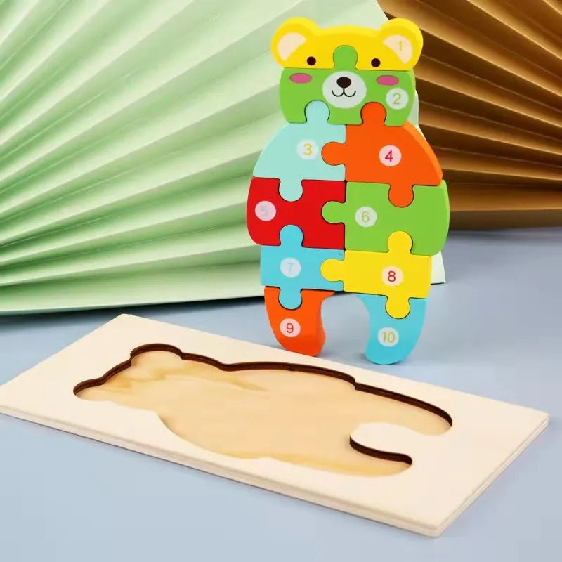 Wooden bear puzzle with numbered pieces for toddlers building focus during independent play.