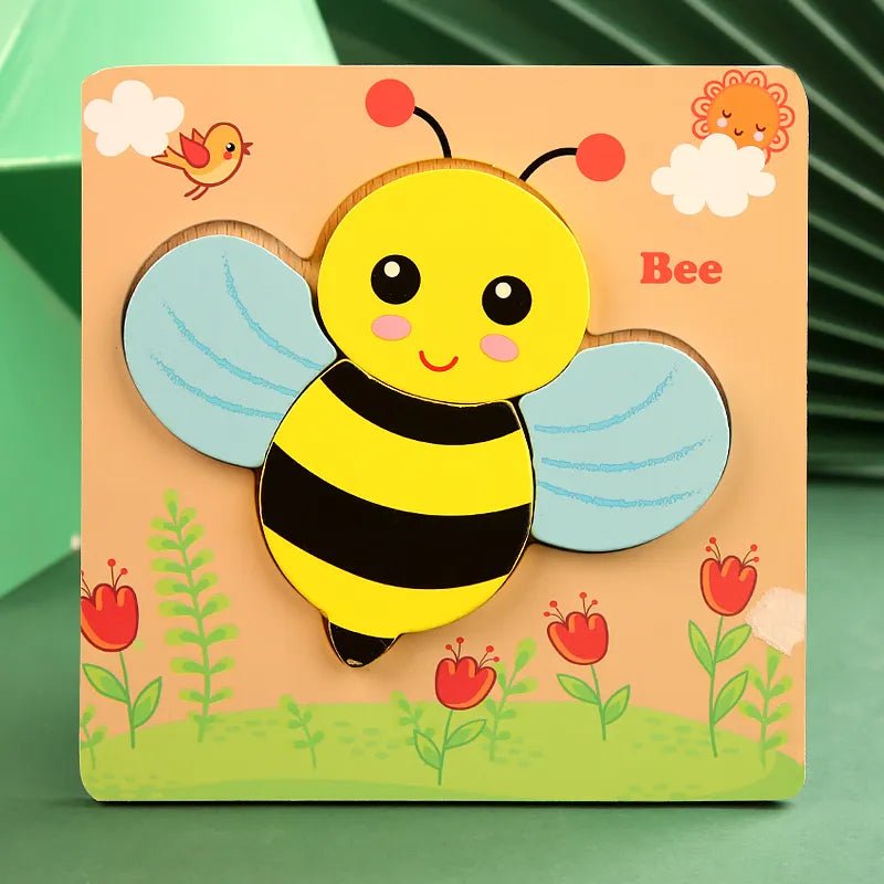 Wooden bee shape puzzle for toddlers learning about insects while building fine motor control.