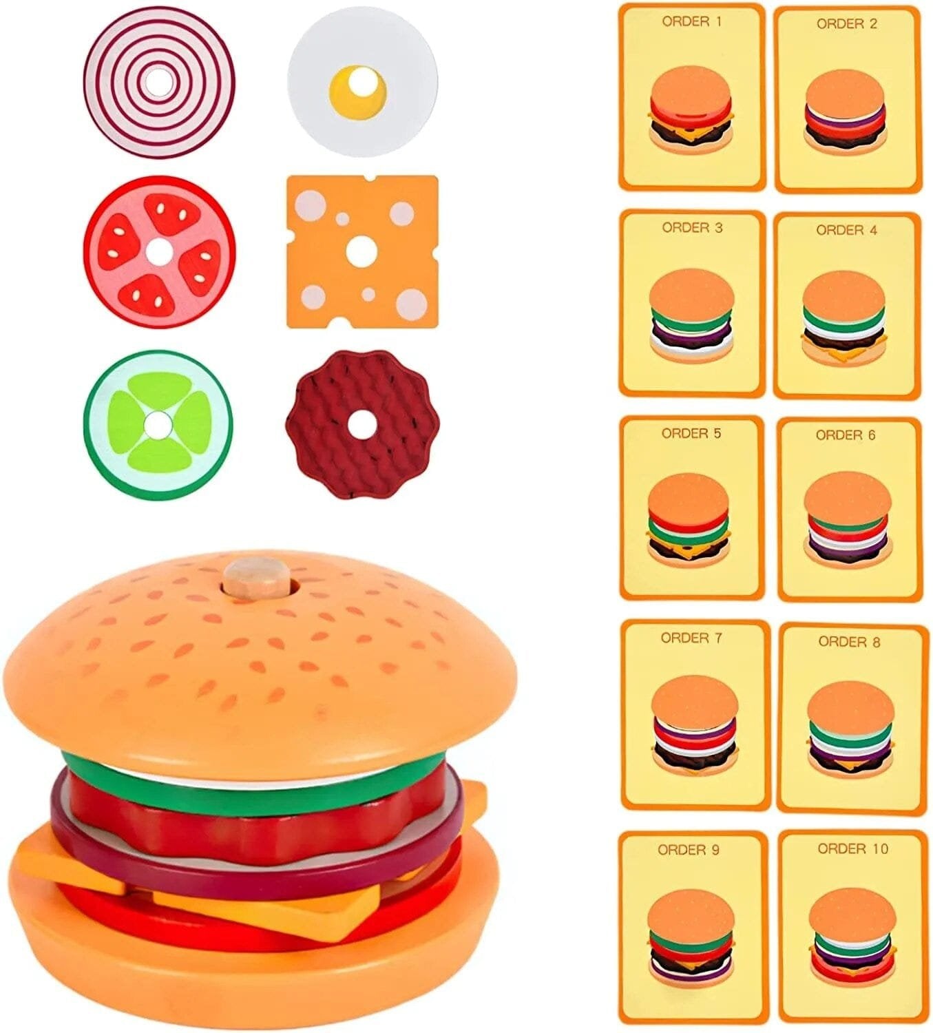 Wooden burger stacking blocks with assembly cards, a Montessori set for teaching sequencing and following directions.