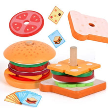 Complete component overview of the wooden burger stacking toy, a Montessori educational set for preschool learning.