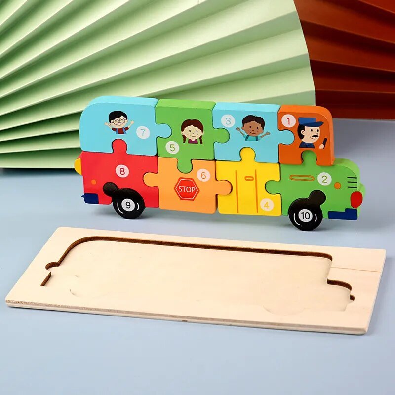 Wooden bus puzzle with numbered pieces for toddlers exploring transport themes and counting.