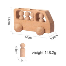 Montessori wooden train and trolley set for imaginative play including a wooden toy bus with size details.