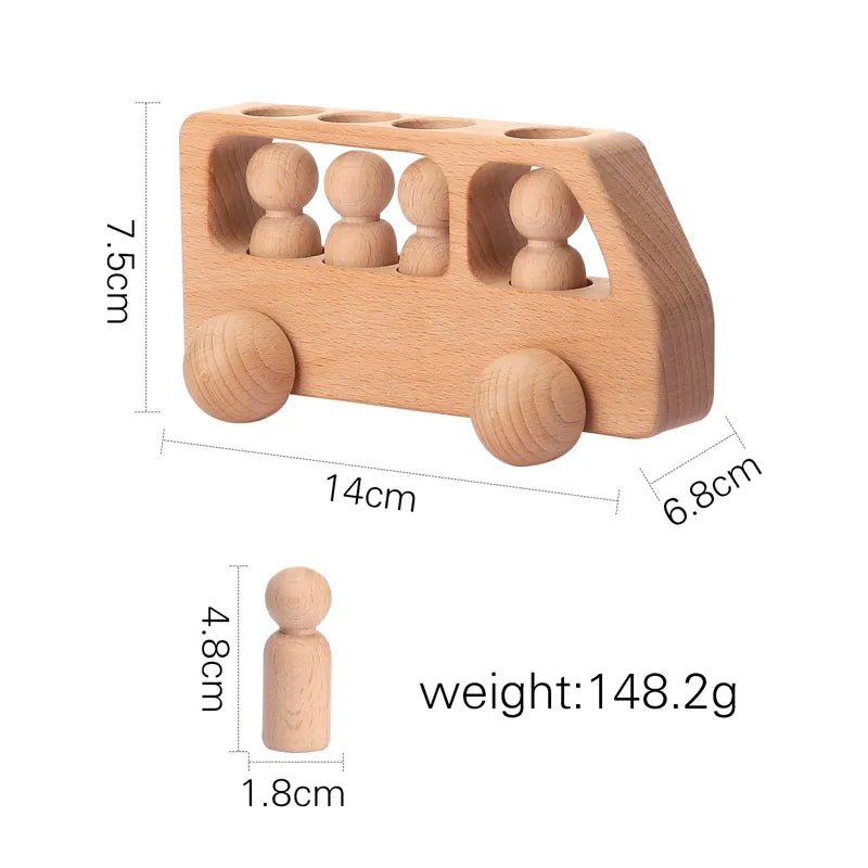 Montessori wooden train and trolley set for imaginative play including a wooden toy bus with size details.