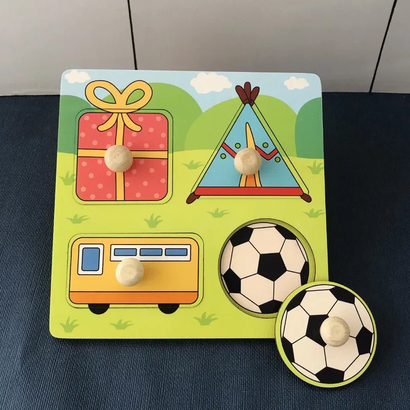 Wooden knob puzzle with bus, teepee, and ball pieces for toddlers practising pincer grip and matching.