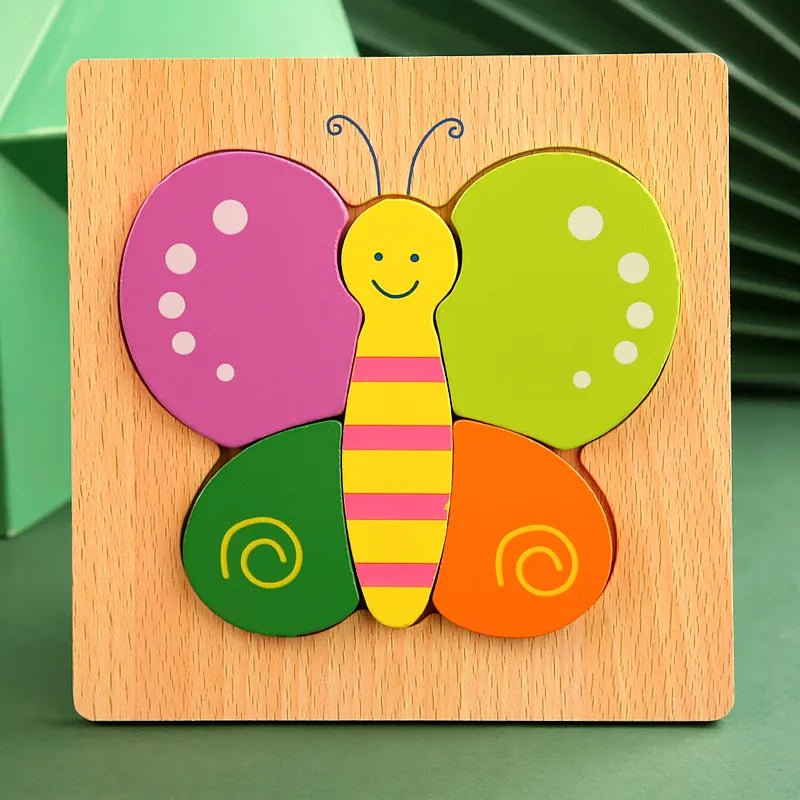 Wooden butterfly puzzle with colourful wings for toddlers practising colour sorting and patience.