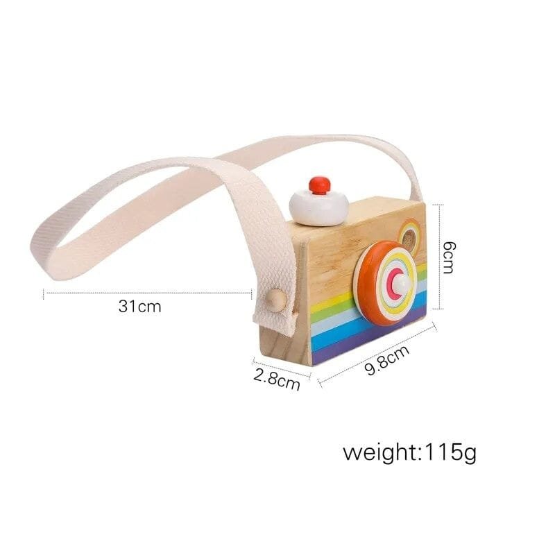 Wooden camera pendant with colourful design and measurements, helping parents check the size of this pretend play toy.