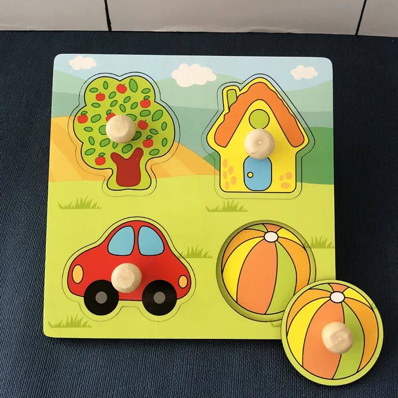 Wooden shape puzzle with car, house, tree, and ball pieces for toddler matching and vocabulary play.