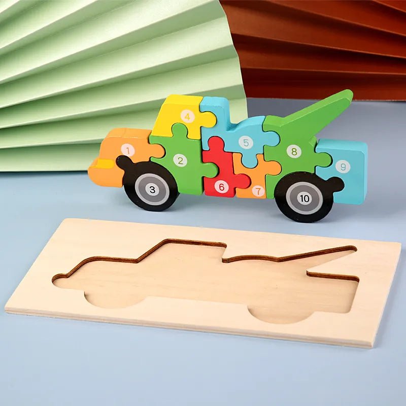 Wooden car puzzle with numbers for toddlers linking counting to favourite vehicles during play.