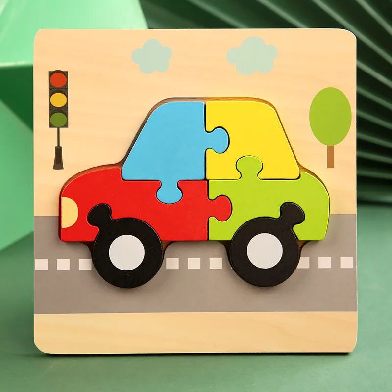 Wooden car puzzle board with road markings for toddlers learning traffic basics through play.