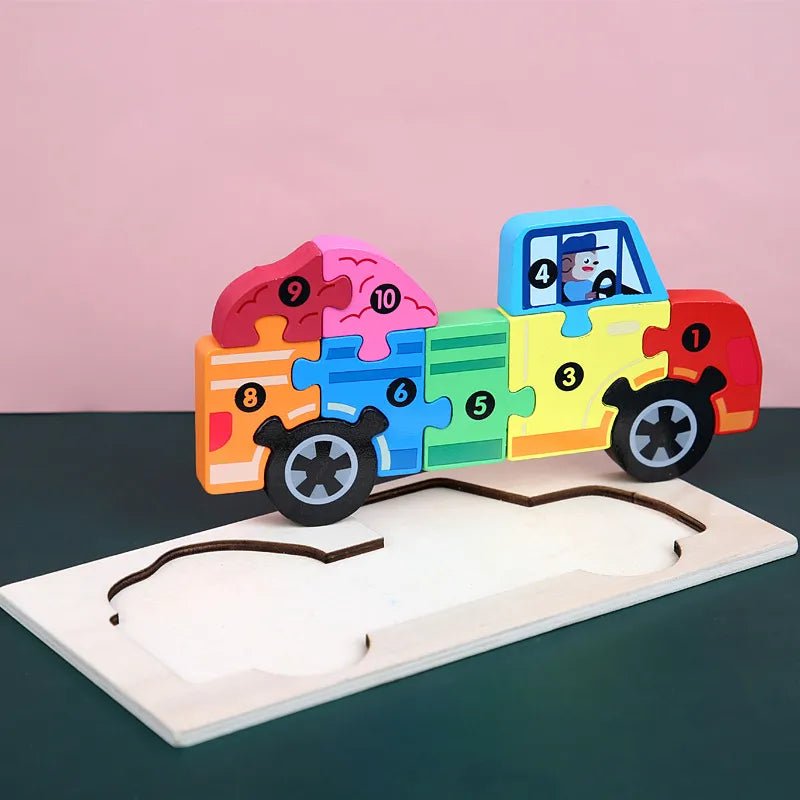 Wooden car shape puzzle for toddlers assembling a vehicle piece by piece during independent play.