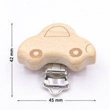 Wooden car shaped pacifier clip with metal clasp, a teether dummy holder for toddler play and pram outings.