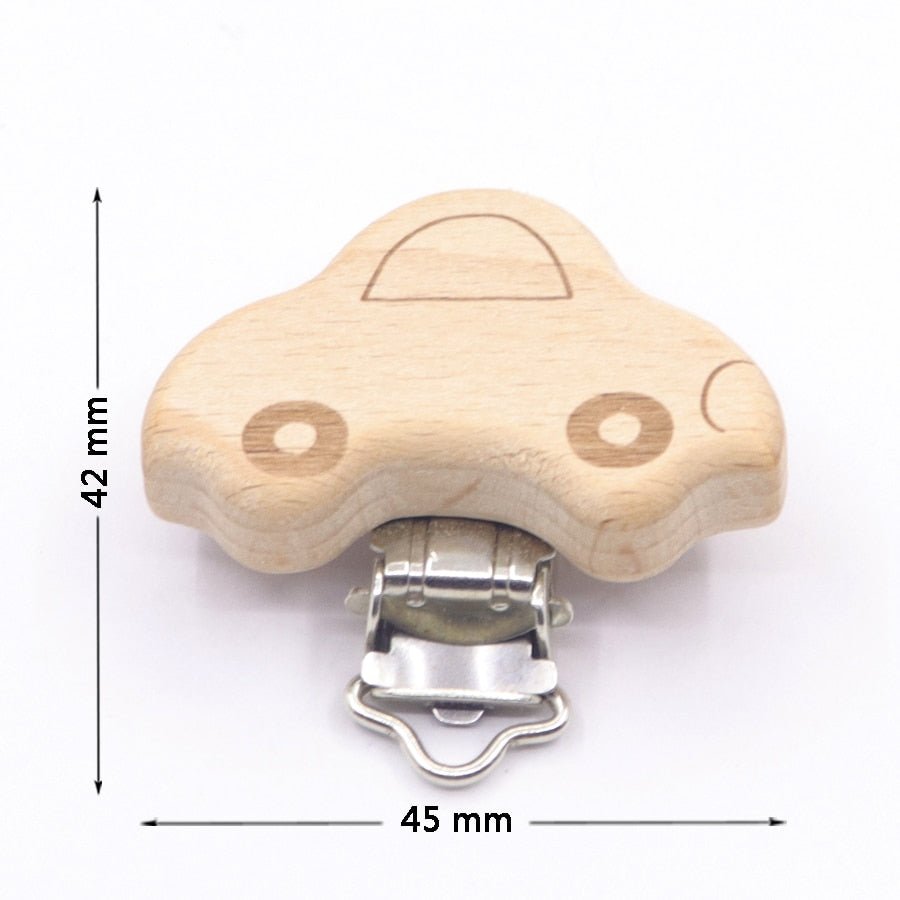 Wooden car shaped pacifier clip with metal clasp, a teether dummy holder for toddler play and pram outings.