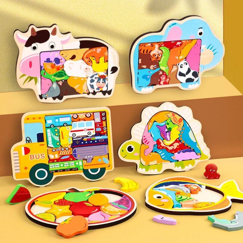 Six wooden cartoon jigsaw puzzles in cow, elephant, dinosaur, bus, fish and fruit designs on a yellow shelf