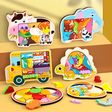Six wooden cartoon jigsaw puzzles in cow, elephant, dinosaur, bus, fish and fruit designs on a yellow shelf