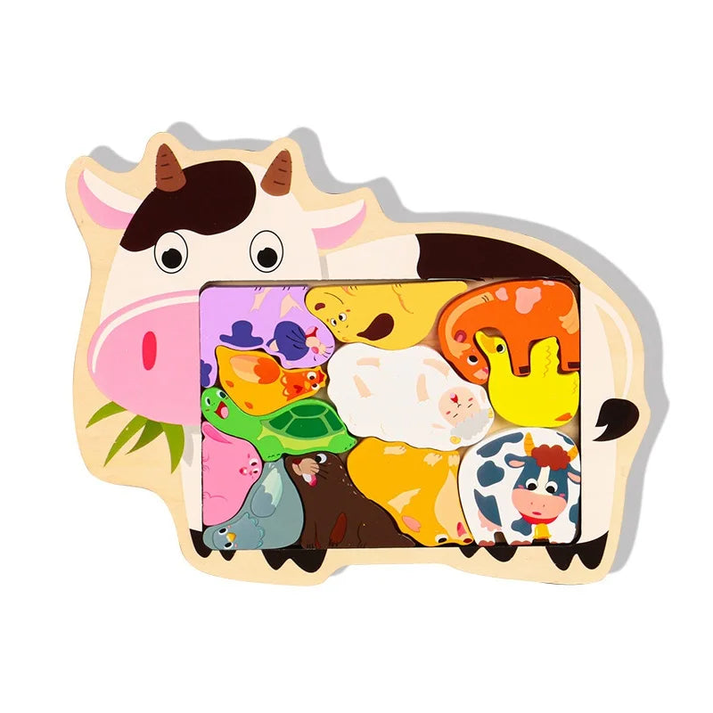 Cow-shaped wooden jigsaw puzzle on a white background, second view